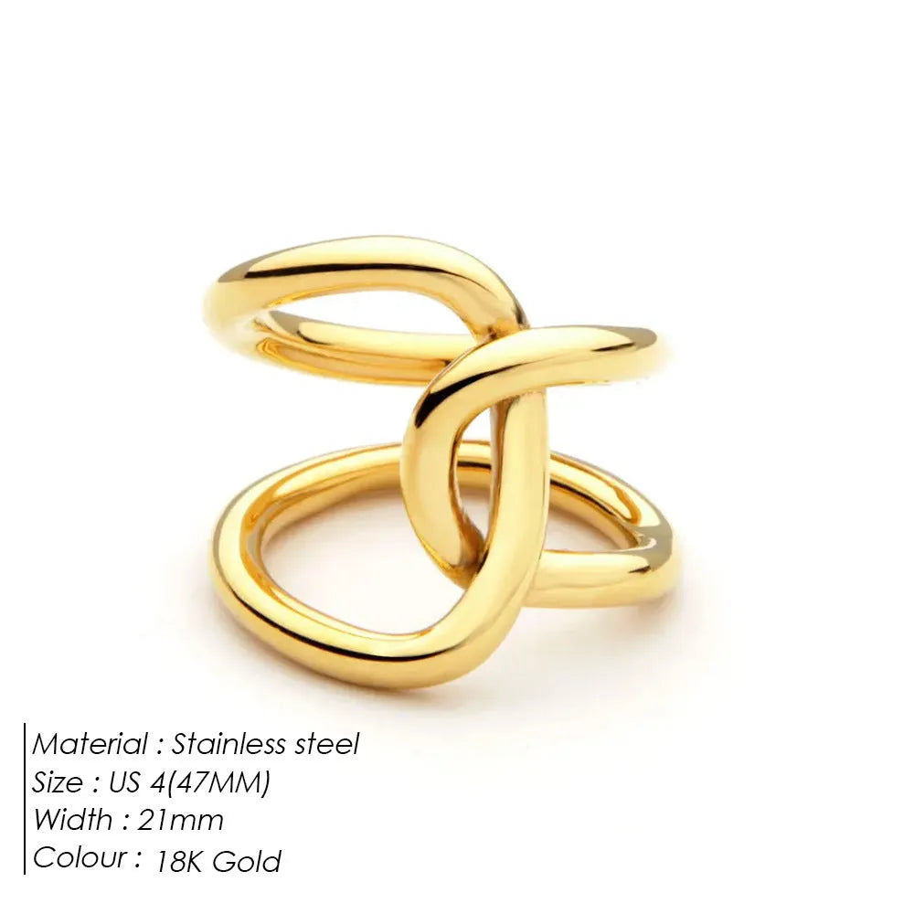 Geometric knotted women's adjustable ring in stainless steel, showing U-shaped opening.