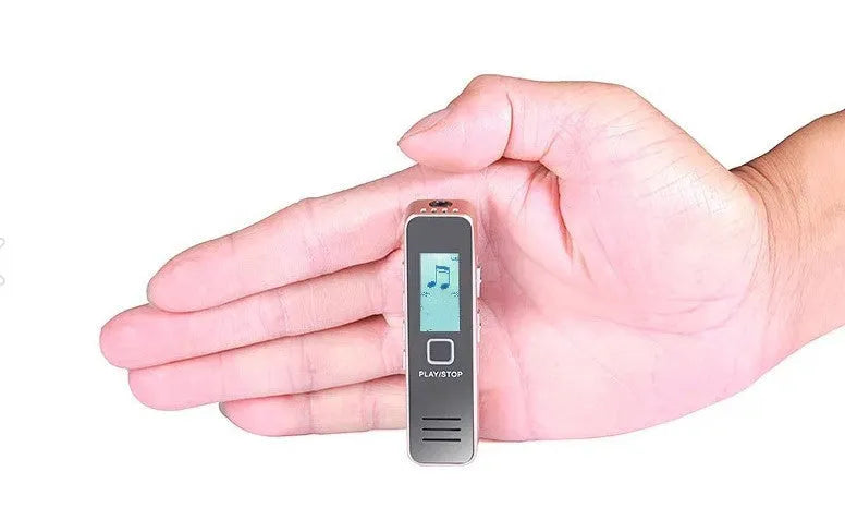 Compact black digital voice recorder with display showing recording time