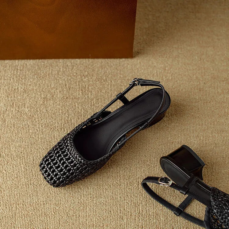 Women's beige woven hollow-out closed toe sandals with chunky 4cm heel and adjustable buckle strap