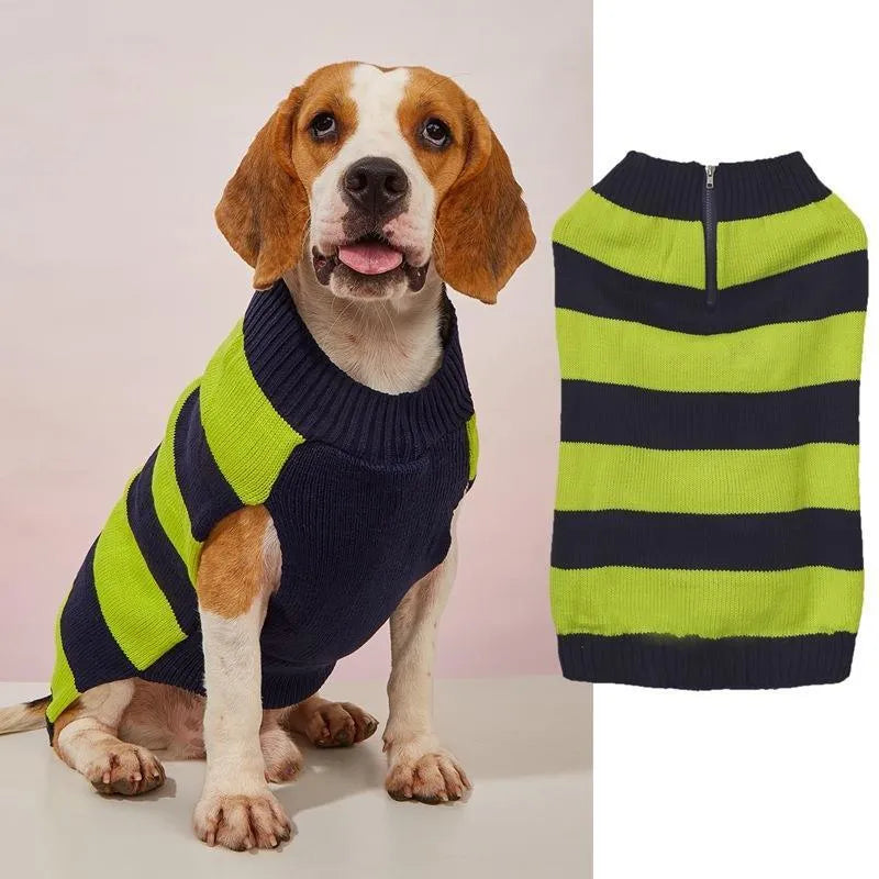 Grey dog sweater on a small dog, showing the horizontal front zipper and a blue contrast button pocket.