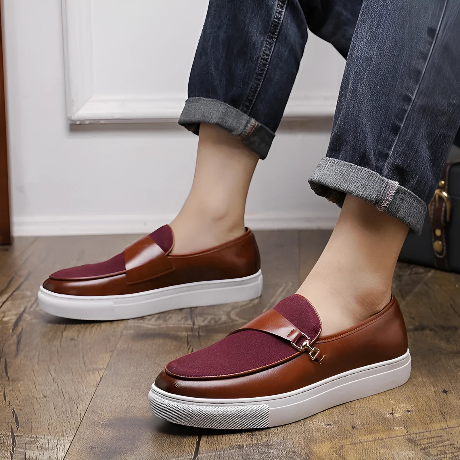 Men's black leather slip-on shoes with horsebit buckle and round toe design