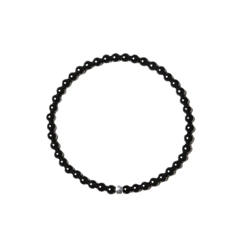 Unisex agate bracelet with obsidian, blue san, and black agate 4mm geometric beads and electroplated elements