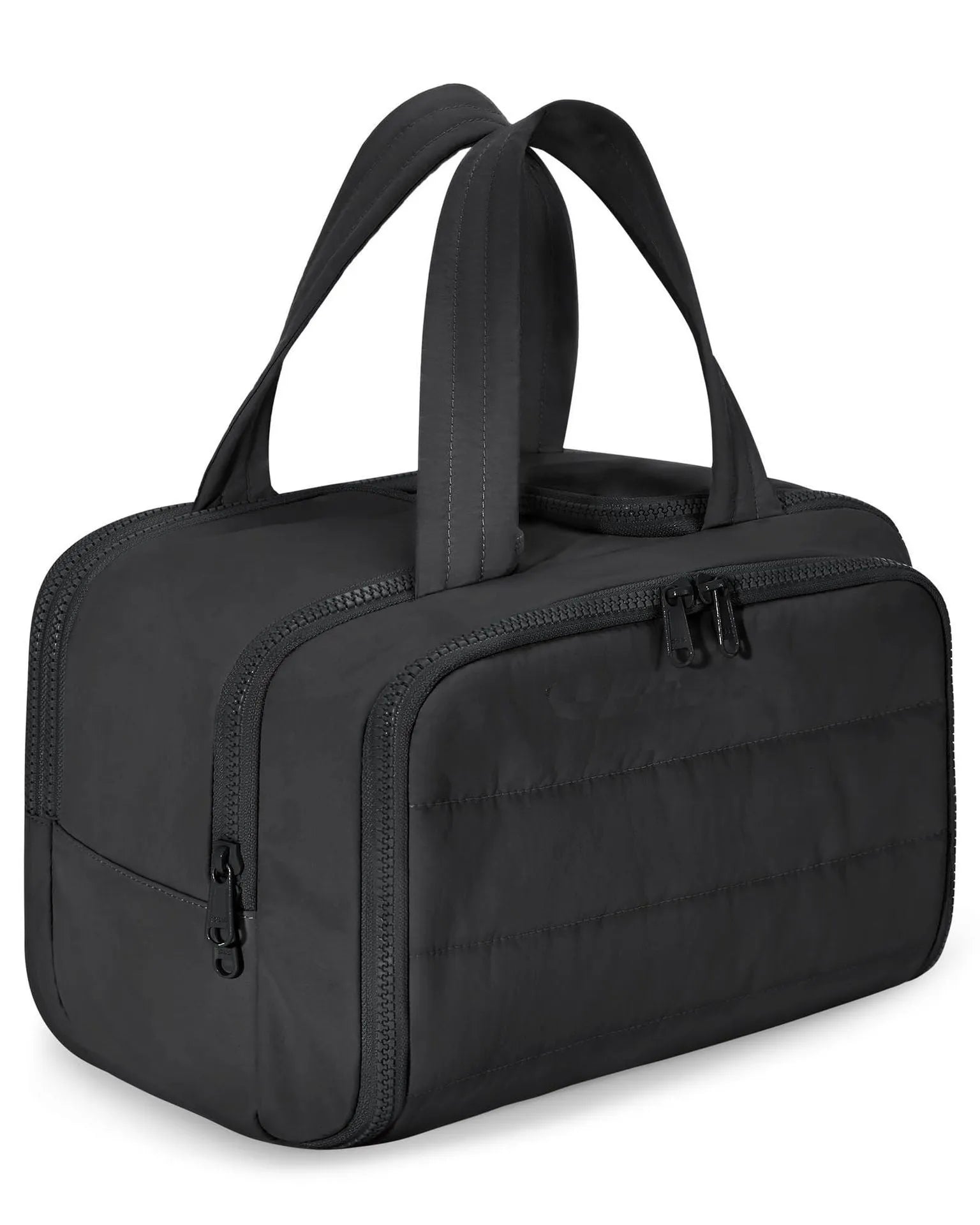Large open travel toiletry bag in polyester showing beige colour, dimensions 29.97 x 18.54 x 21.08cm.