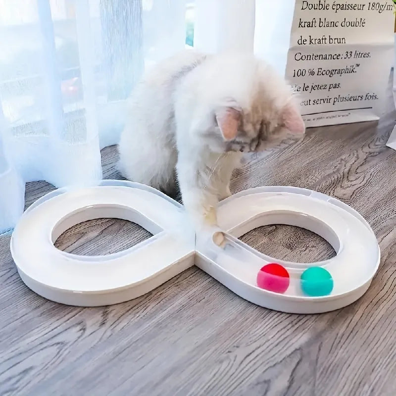Blue and white cat activity centre with spinning track, ball, and teaser stick