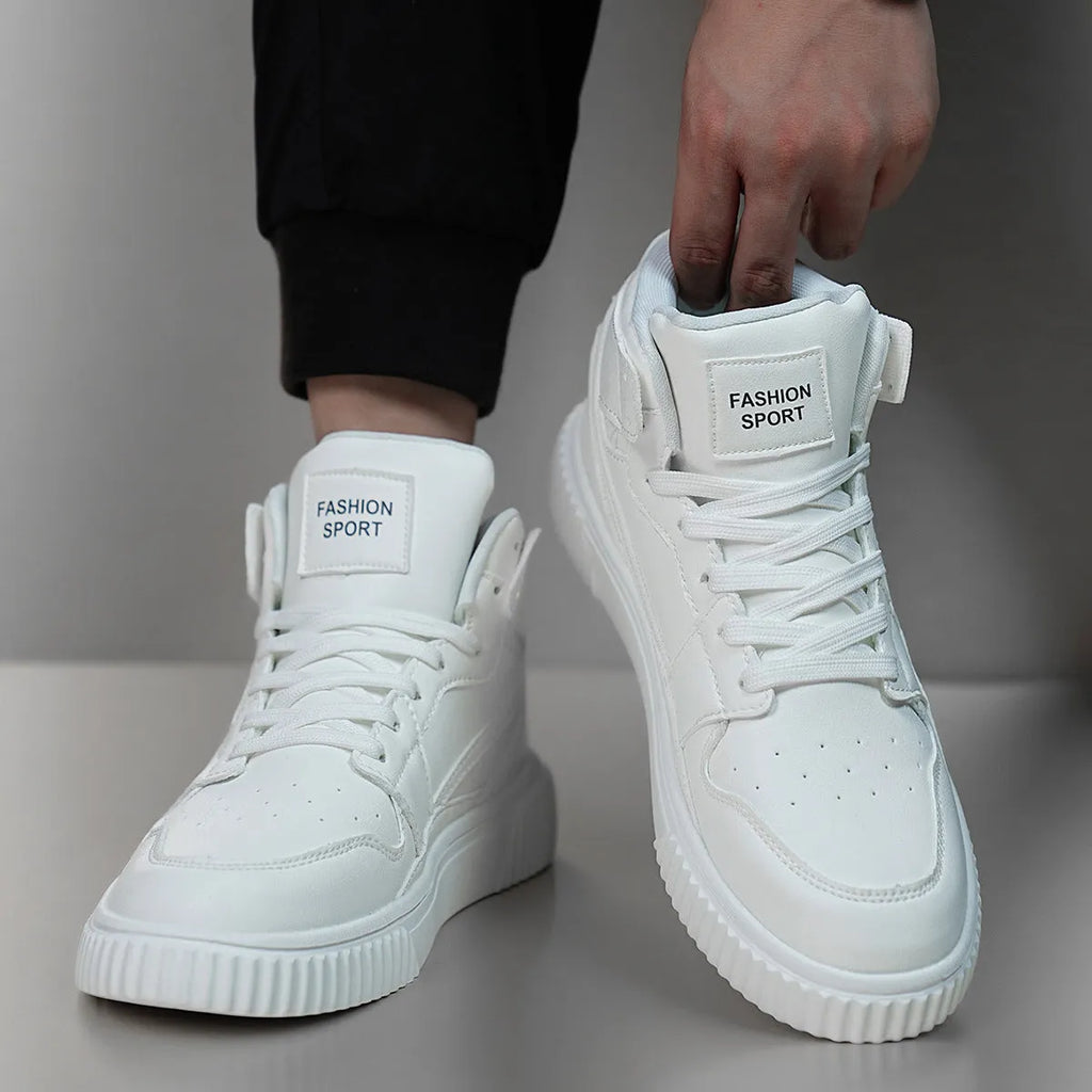 Men's white casual shoes with a microfiber upper and round toe for autumn and winter wear.