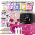 Professional 52-piece waxing kit with wax warmer, hard wax beans, applicator sticks, and aftercare products.