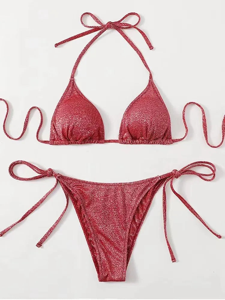 Women's khaki gold bandage detail bikini swimsuit set on a mannequin, showing top and briefs.