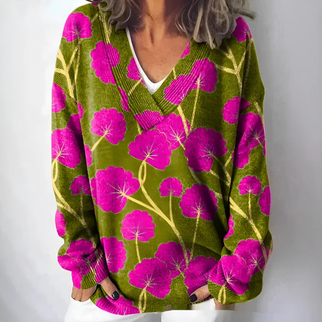 Women's floral pattern 3D printed V-neck sweatshirt with long sleeves