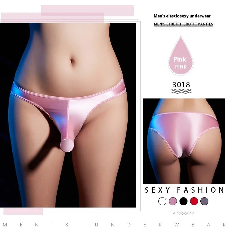 Men's low waist T-back underwear in shiny nylon fabric on a colour swatch showing black, grey, pink, red and white.