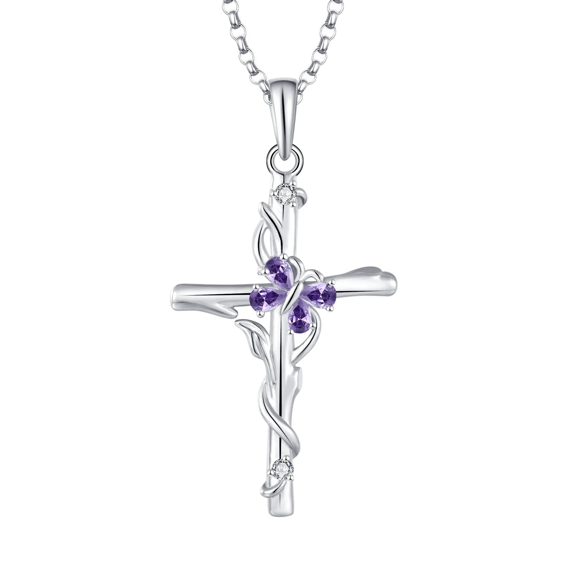 Sterling silver cross pendant necklace with zircon stones – S925 silver women's jewellery in aquamarine colour