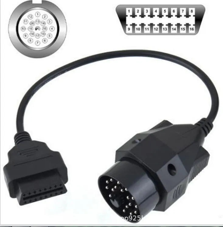 BMW diagnostic adapter cable showing 20-pin plug and standard 16-pin OBD2 socket.