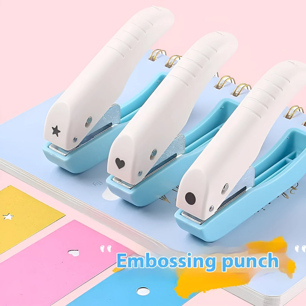 Manual embossing hole punch machine with four pattern heads: love heart, star, 4mm round, and 6mm round.