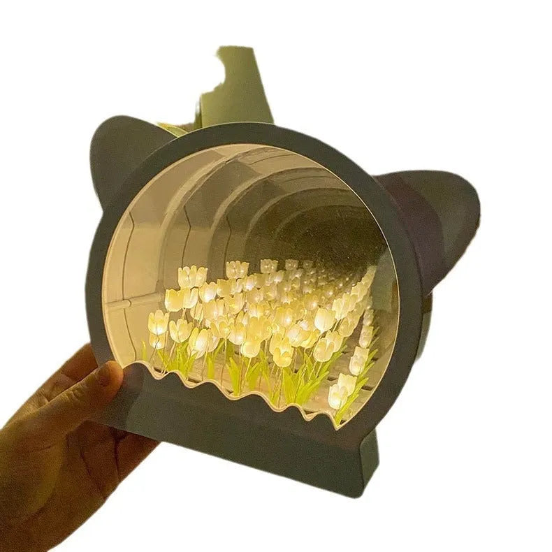 DIY cat head shaped night light kit with colourful handmade tulip flowers for bedside decor.