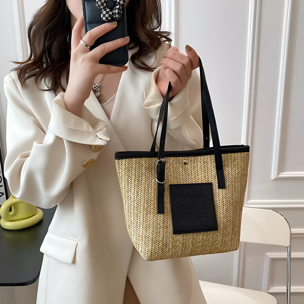 Women's woven straw shoulder bag with European retro style showing large opening and three-dimensional pockets