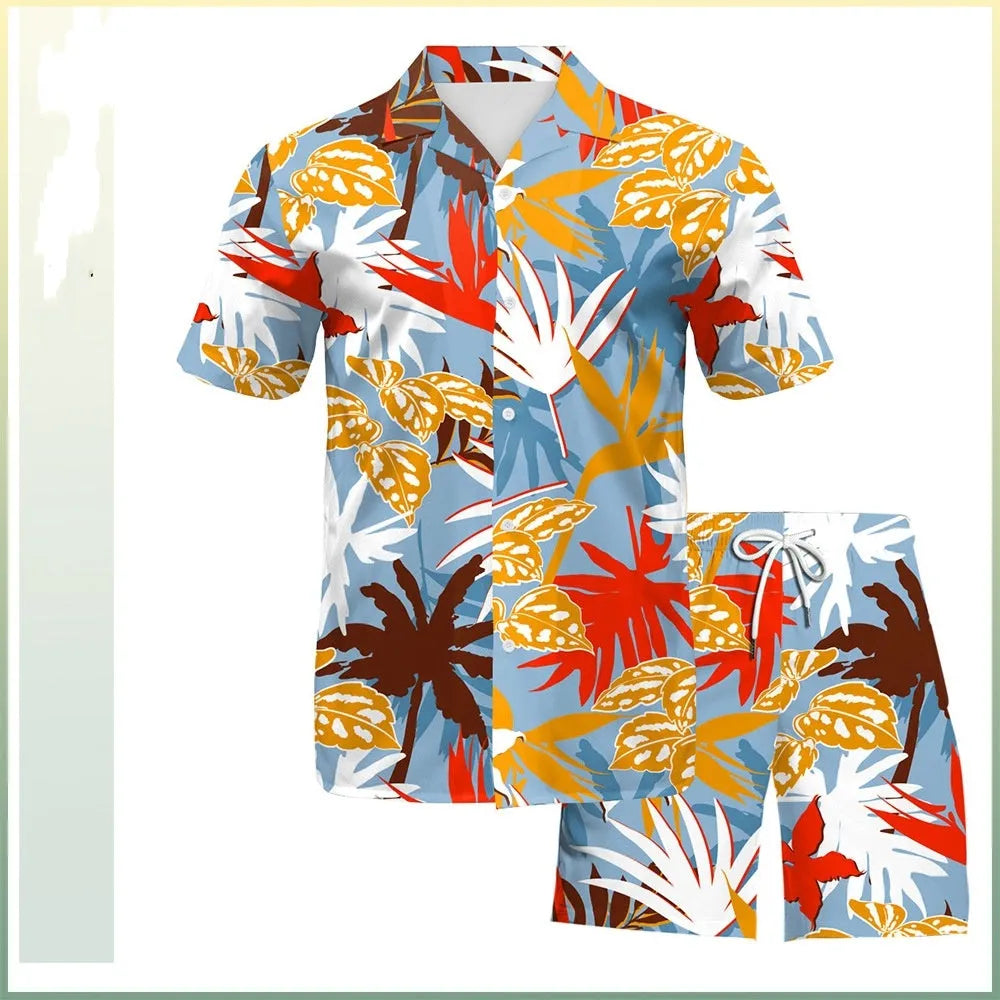 Men's beach digital printed shorts and shirt set with inner mesh lining, cotton blend fabric, short sleeves, two colour options
