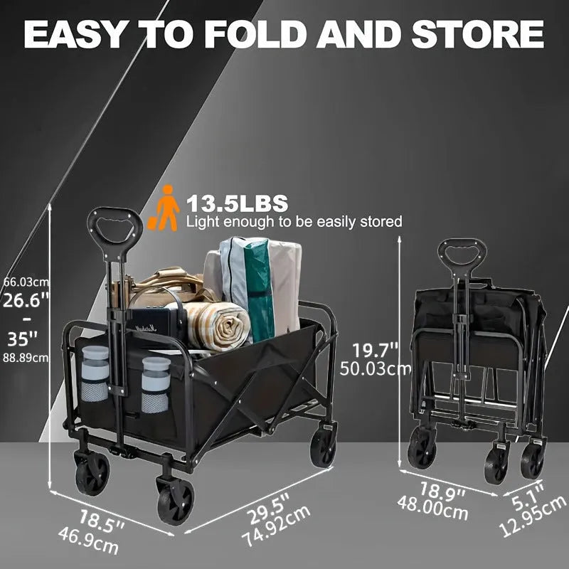 Collapsible foldable alloy garden cart with a heavy-duty metal frame and storage box.