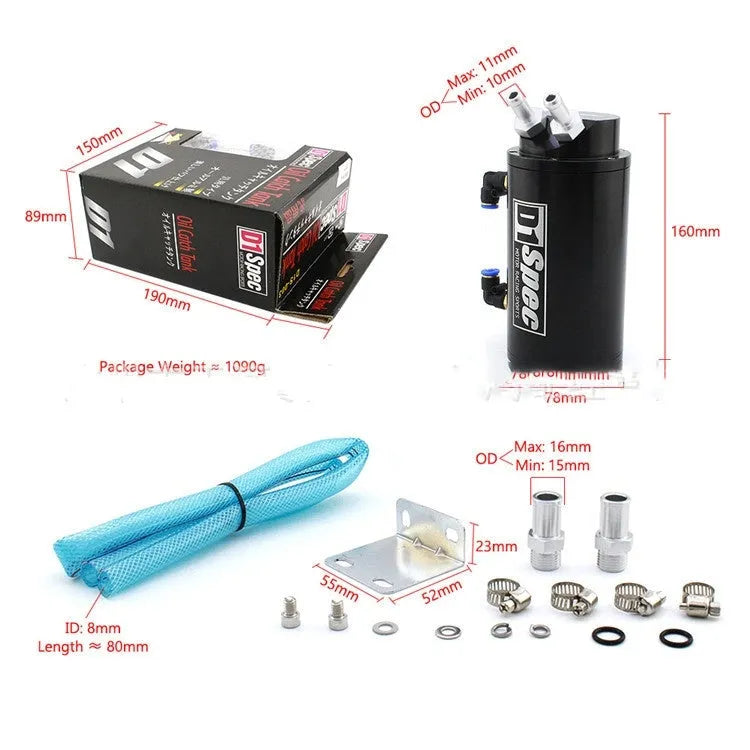 Square and round model oil catch tanks for car modification in black, red, silver, and blue colours