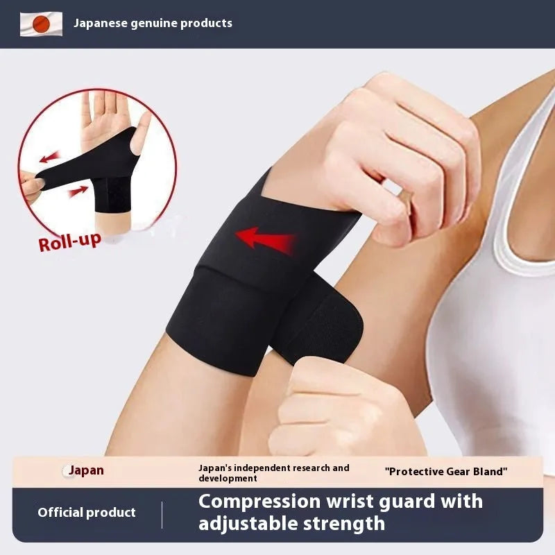 Adjustable black athletic wristguard shown on a wrist, suitable for sports like badminton and tennis.