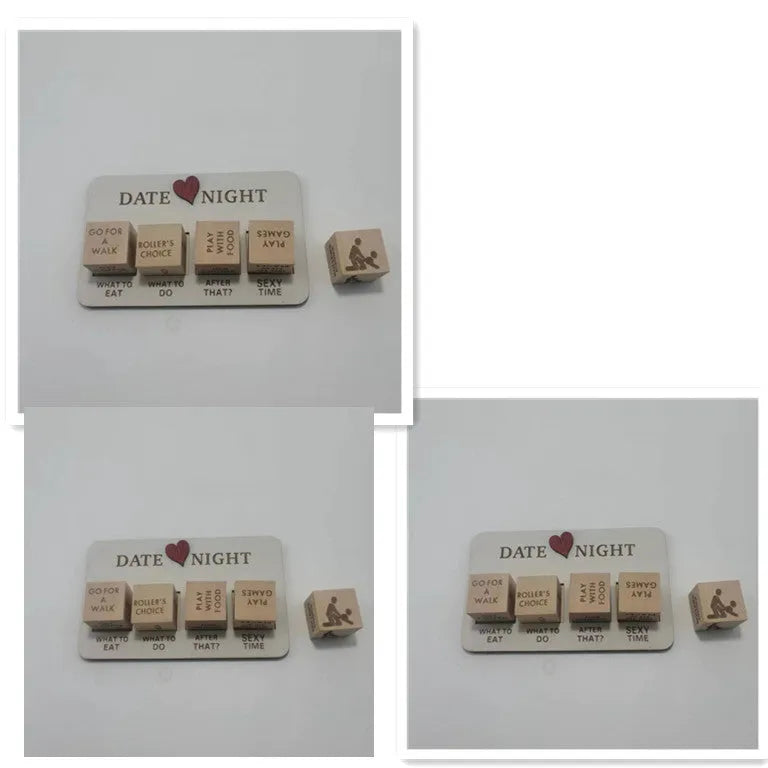 Wooden date night dice set with five dice, planner board and black storage bag for couples