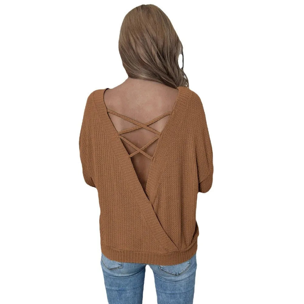 Women's loose casual backless long sleeve pullover in solid brown polyester with drop shoulders