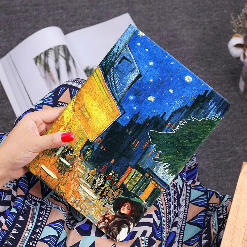 Handmade liquid silicone iPad flip case with floral oil painting design showing front and back protection