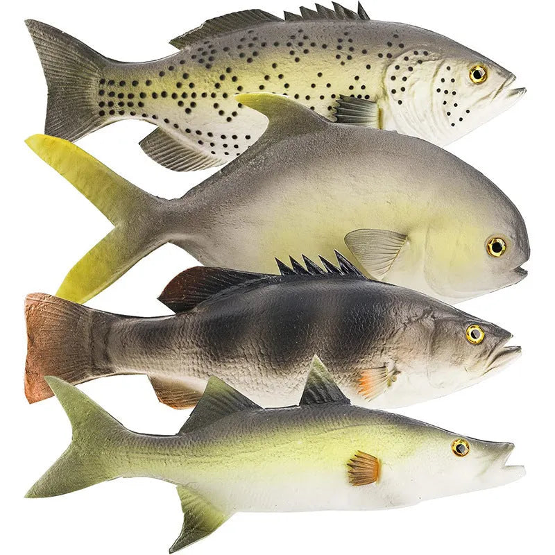 Three PU simulated fish ornaments showing yellow-fin tuna, flower fish, and yellow croaker designs
