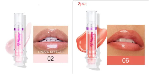 Lip gloss tube with mirror finish showing shiny application on lips
