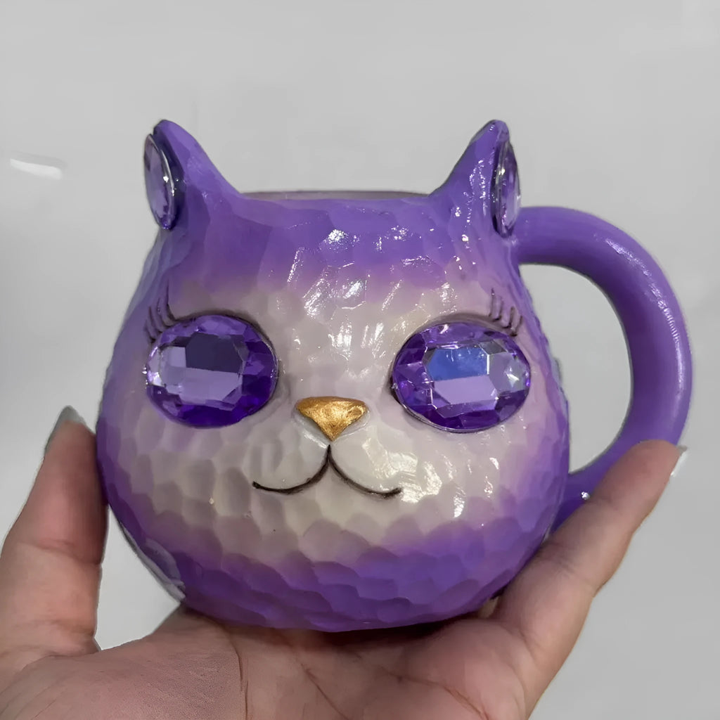 Crystal Earth cat cup resin craft gift in purple, green, blue, and pink colour options.