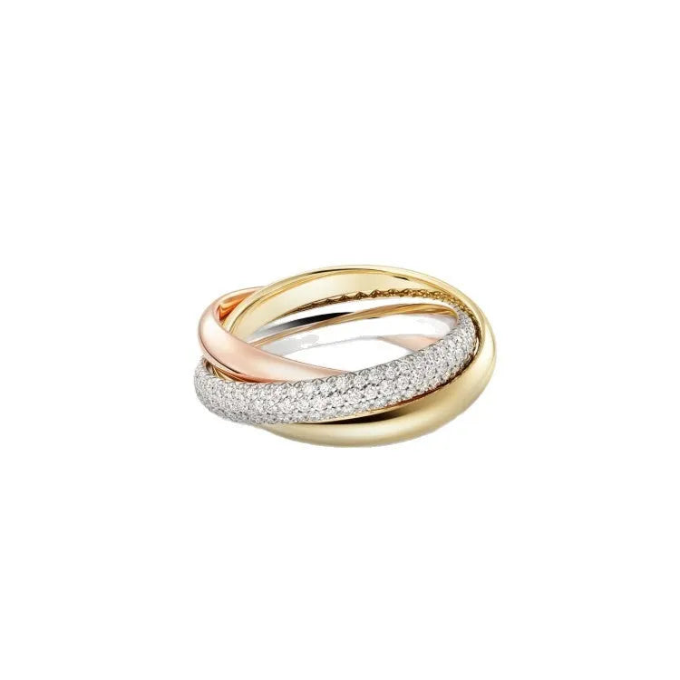 Geometric U-shaped sterling silver couple ring with full diamond setting on a rose gold plated band.