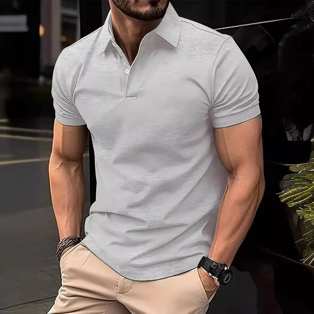 Men's slim fit cotton-mix short sleeve button shirt on a hanger in multiple colour options.