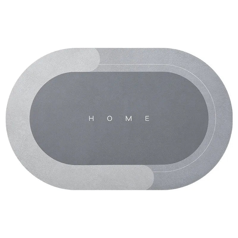 Diatom mud absorbent bathroom floor mat in blue rectangular shape on tiled floor