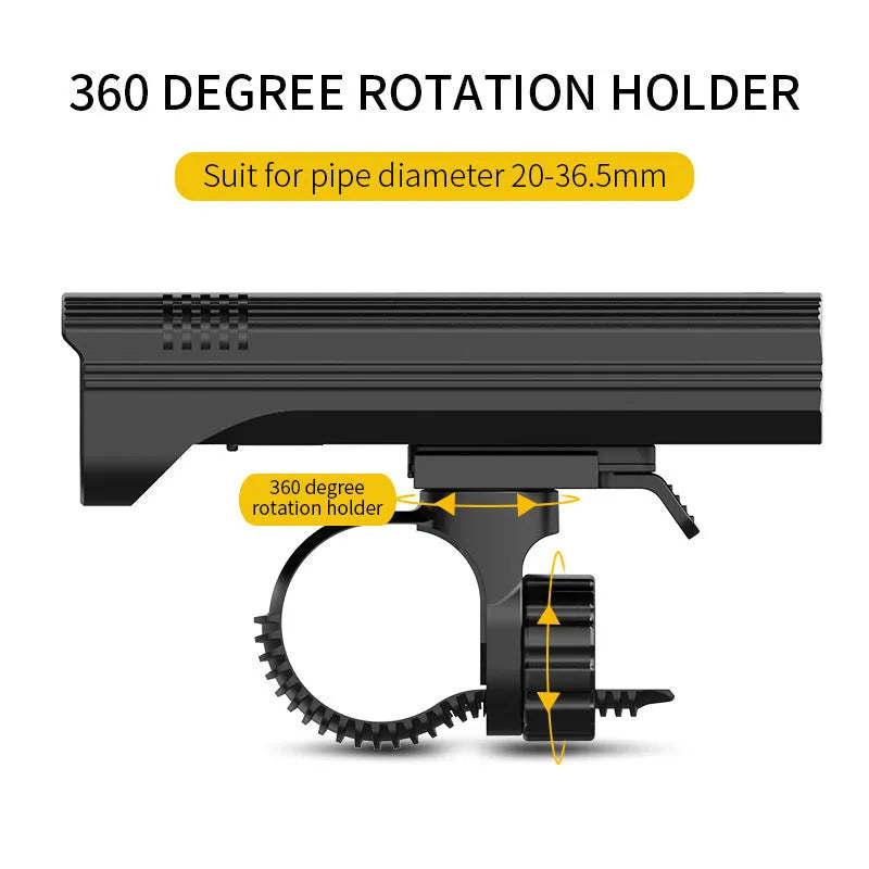 Black KX12DF digital display bicycle headlight with aluminium alloy barrel on a 360-degree rotating bracket.