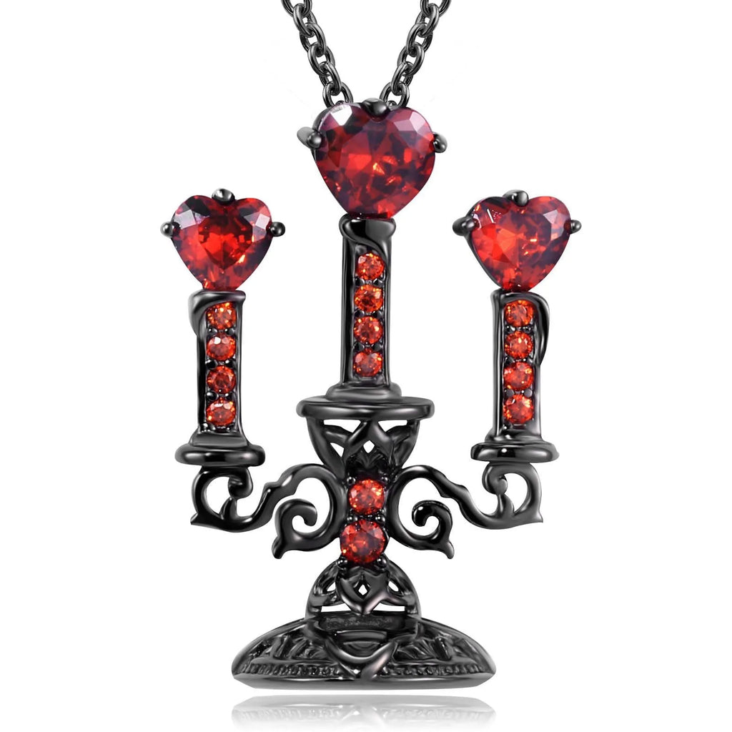 Close-up of a women's retro gothic necklace with a hollow candlestick pendant on a cross chain.