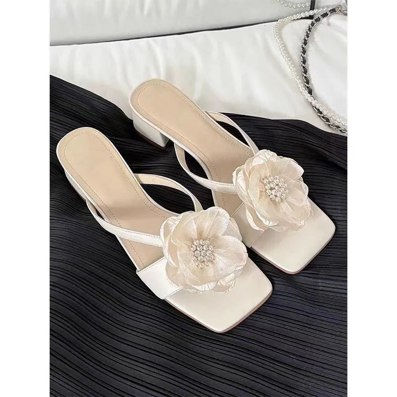 Women's cream-white satin sandals with a chunky heel, square toe, and one-line strap in Korean style.