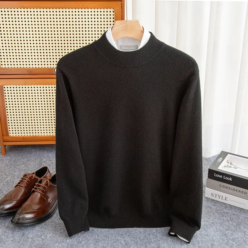 Men's half-collar wool sweater in loose fit showing half-turtleneck collar and regular sleeve design.