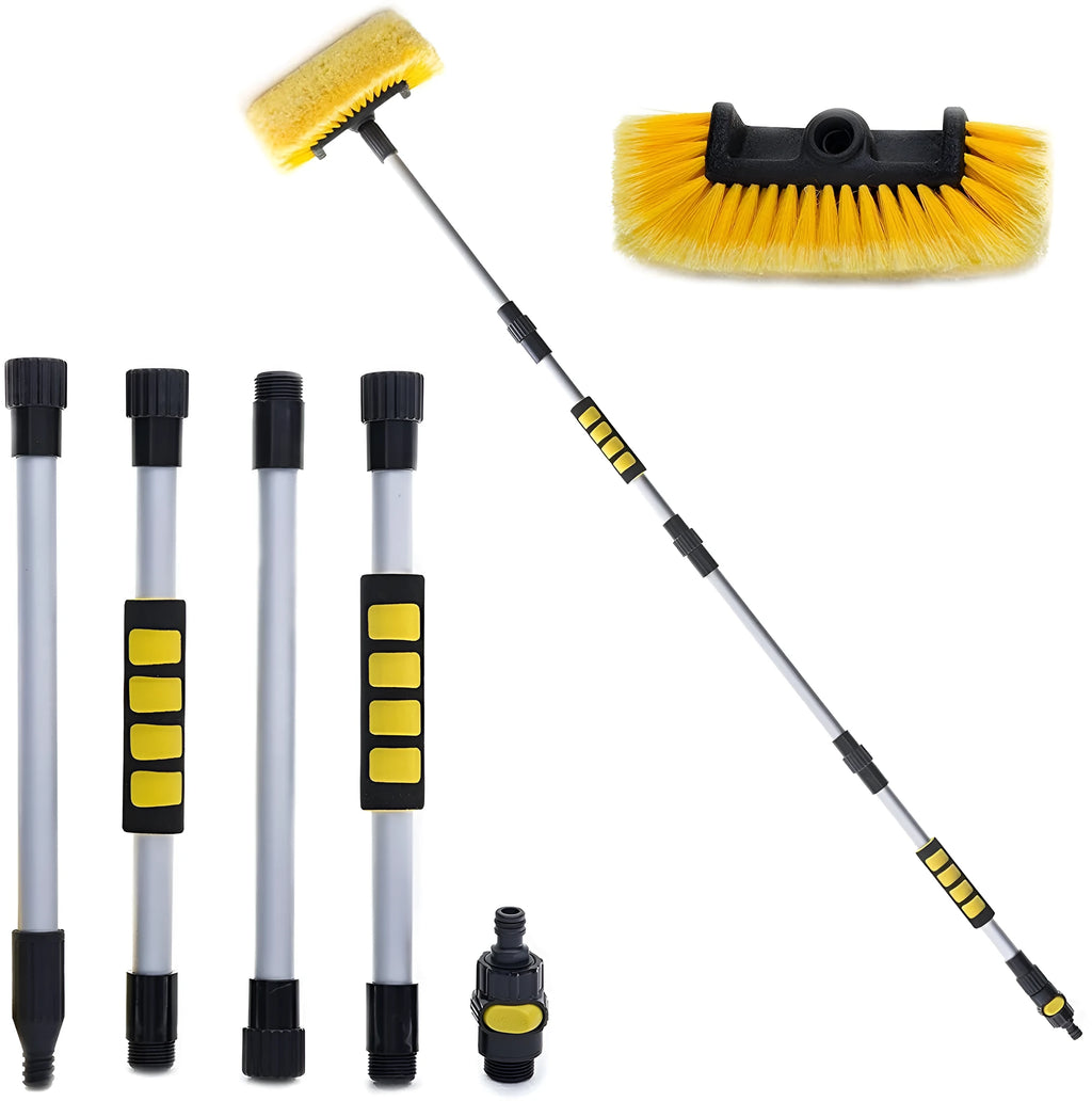 Yellow portable car wash brush with four-section removable rod and flow-through brush head design