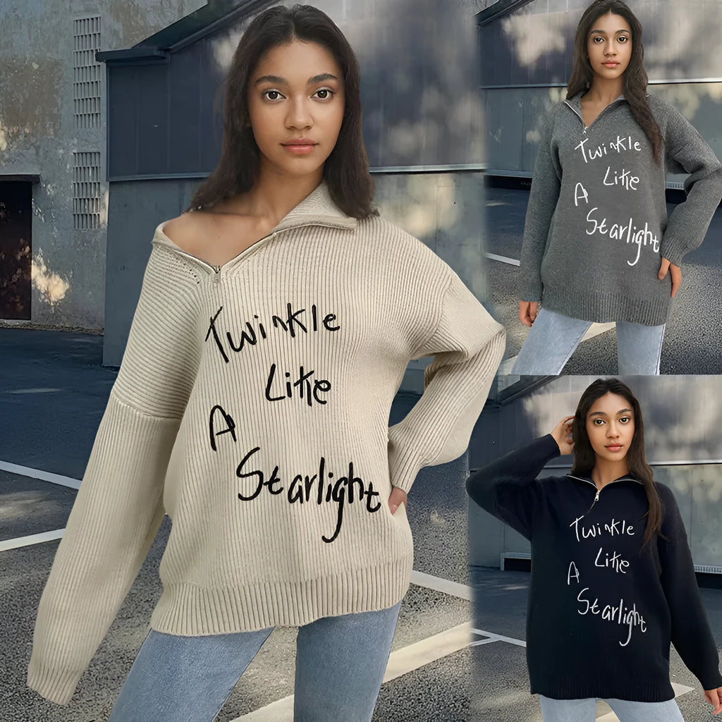 Women's light khaki alpaca wool retro pullover sweater with oblique zipper and turtleneck.