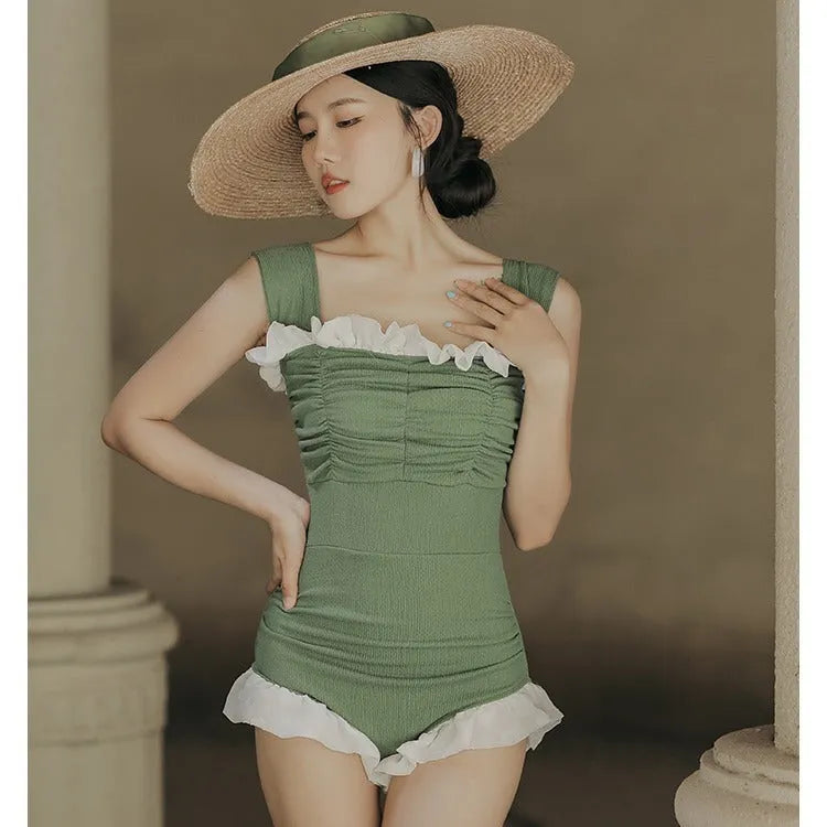 Korean style high-waist one-piece swimsuit in black, green, or pink with quick-drying polyester fabric