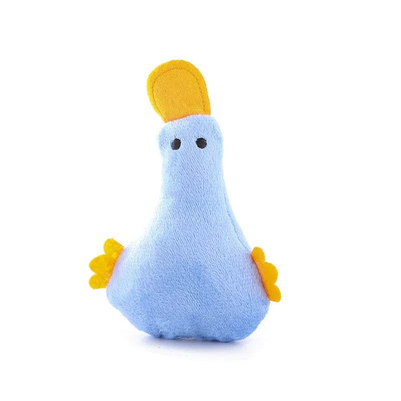 Colourful plush duck pet toy with catnip, a squeaker, and a crinkle rattle for cats and dogs.