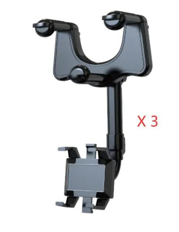 Black rearview mirror car phone holder showing 360-degree rotation and retractable arm extension.