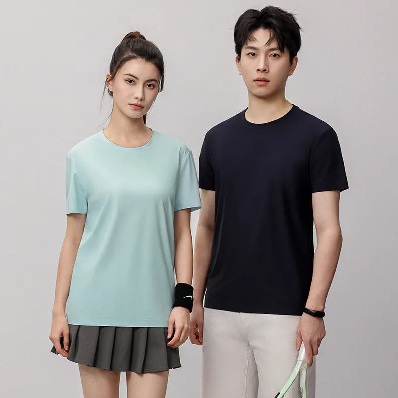 Man wearing a solid colour ice silk slim fit short sleeve t-shirt for summer.