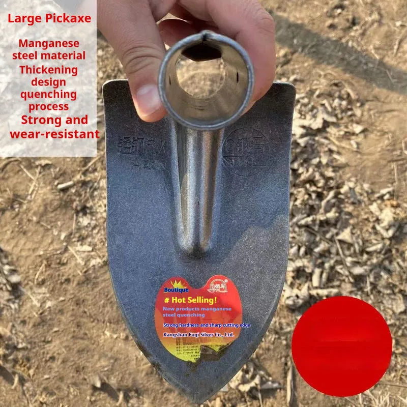 Agricultural pointed hoe tool with a flat steel blade and stainless steel shaft.