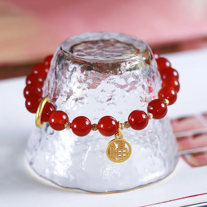 Natural red agate bracelet with weaving construction and blessing card