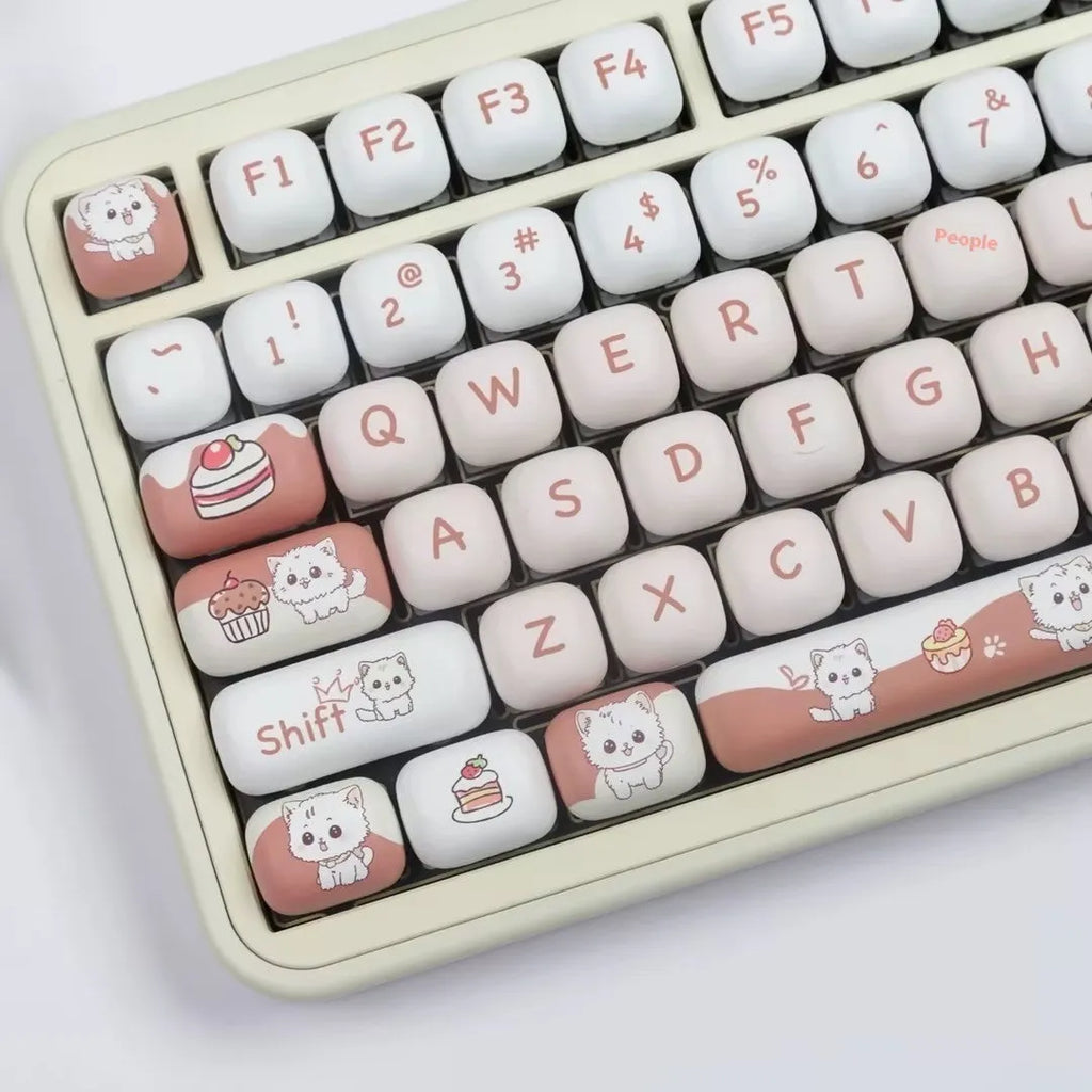 Cartoon dessert cat and cherry blossom cake design sublimation key cap for mechanical keyboards.