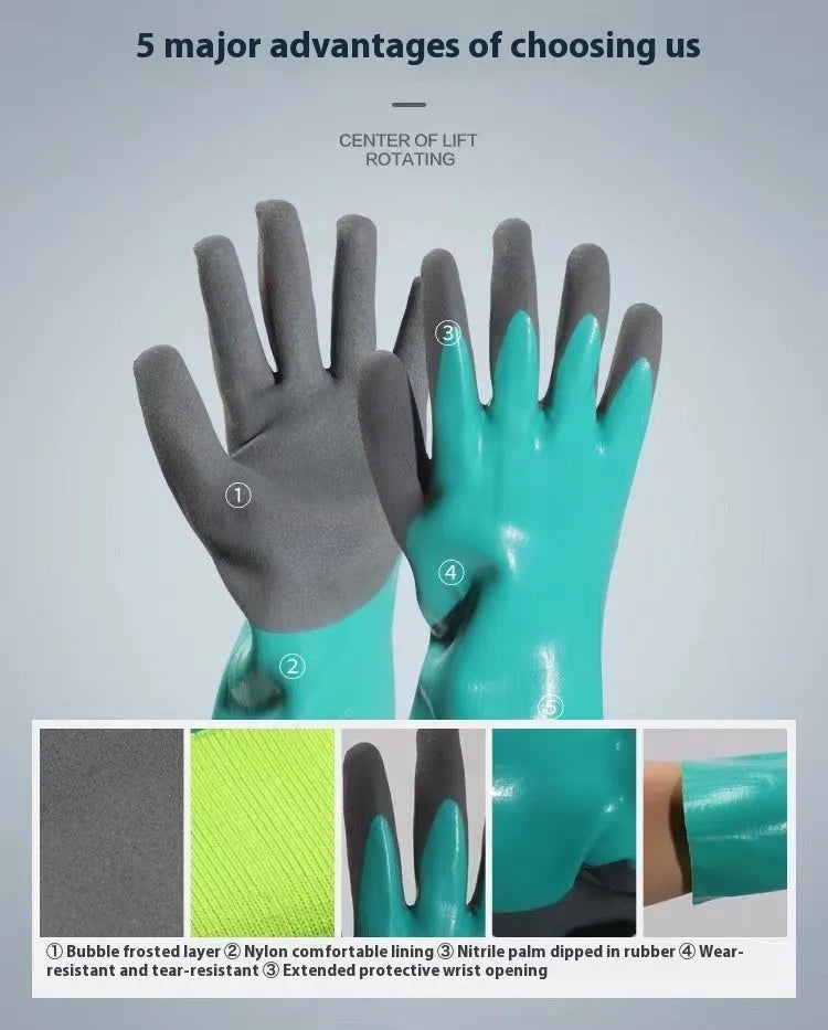 Navy blue nitrile waterproof gloves for fishing, shown in short and lengthened versions