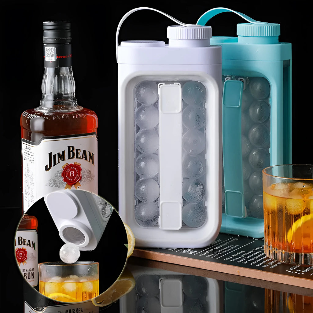 Light blue and white 2-in-1 ice ball cold kettle showing ice tray and bottle functions