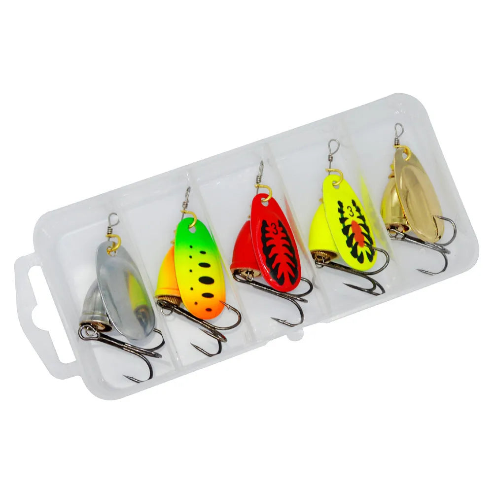 R composite metal fishing lure with a rotating sequin and copper bell in various metallic colours.