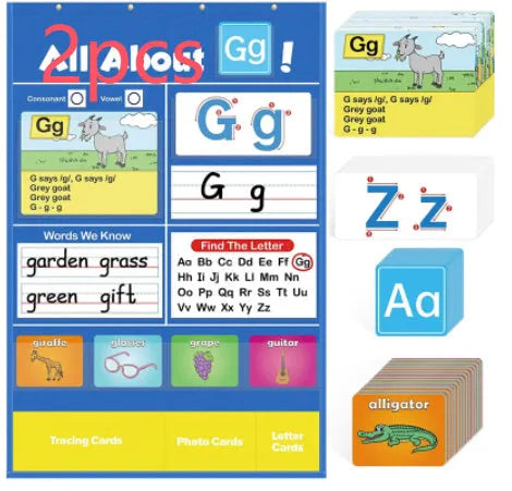 Large fabric alphabet learning chart with sets of educational word cards, letter cards, and picture cards arranged around it.