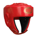 Red fully enclosed boxing helmet with jaw protection showing vertical style design