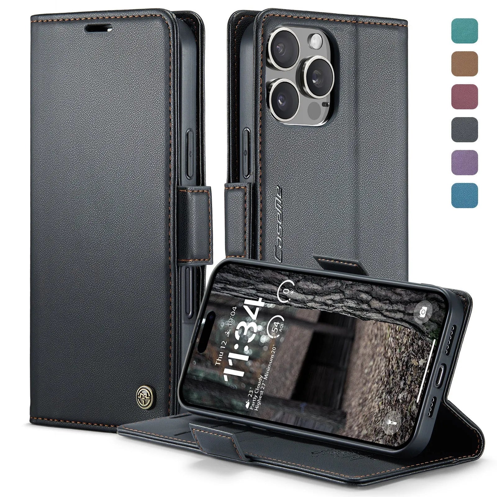 Black anti-theft TPU leather phone case with card slot and kickstand for iPhone model